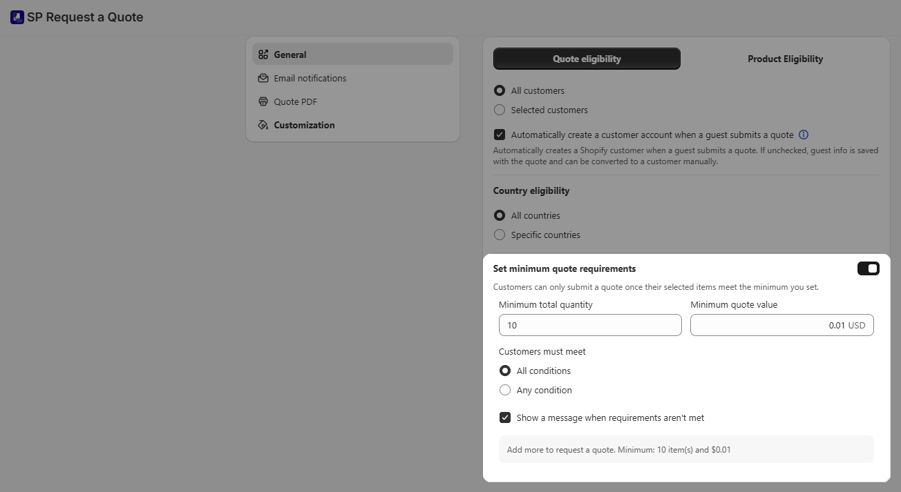 Set minimum quote requirements