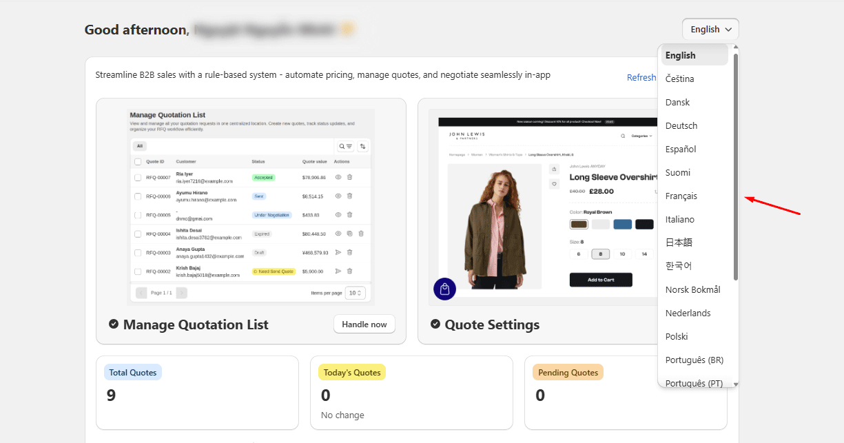 SP Request a Quote supports multiple languages