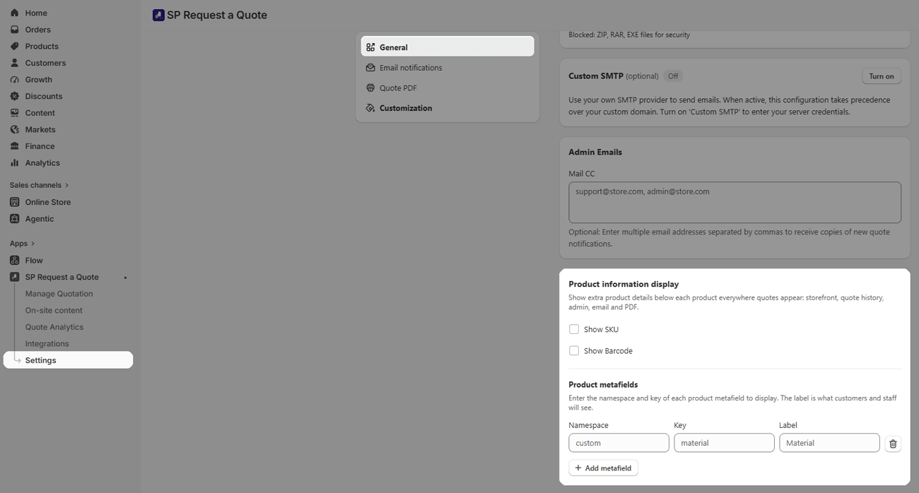 Product information display and Product metafields