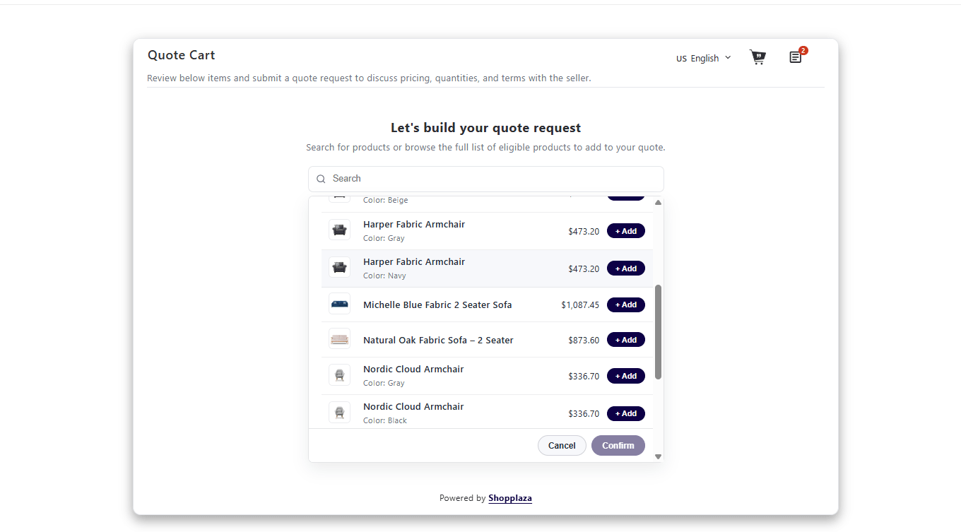 Quote cart modal for buyers