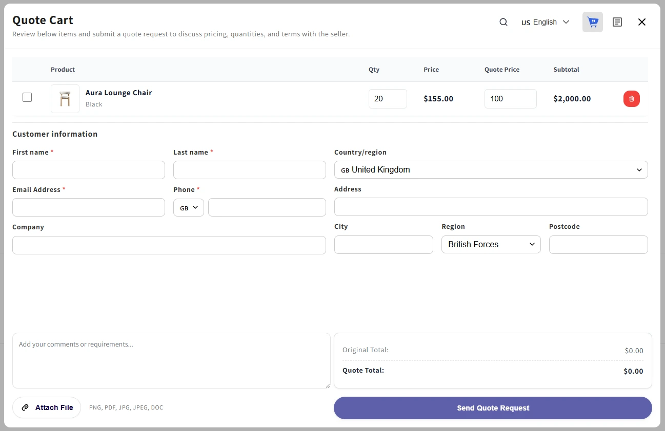 Quote cart modal for buyers