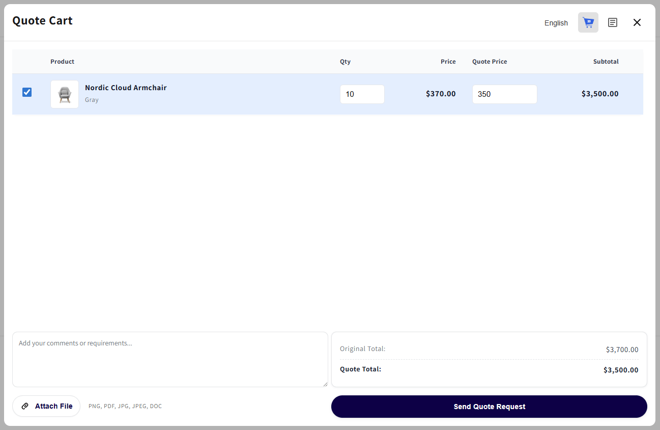 Buyers can also view and manage quote cart