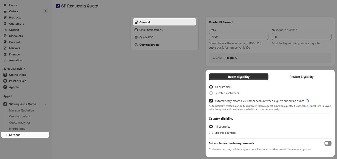 Settings to control who can request a quote in the Shopify RFQ app