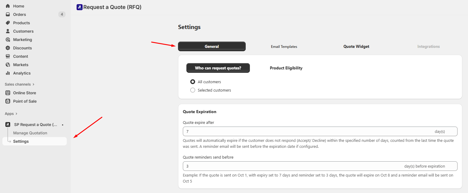 Quote expiration and reminder settings in RFQ app