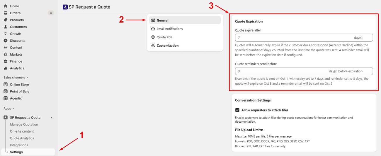 Quote expiration and reminder settings in RFQ app.