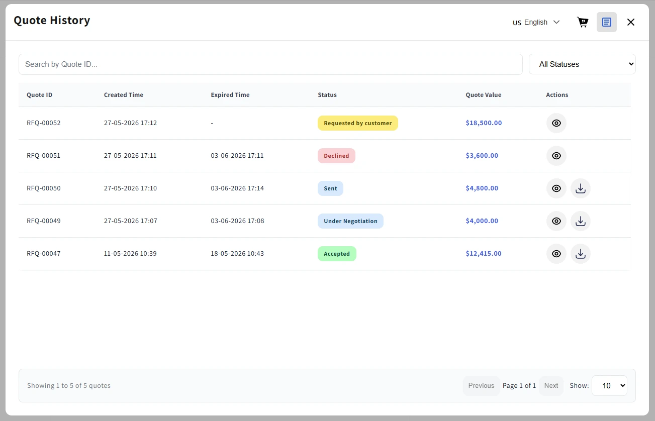 Buyer dashboard to manage quote requests in Shopify