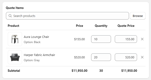 Set quantity and quote price