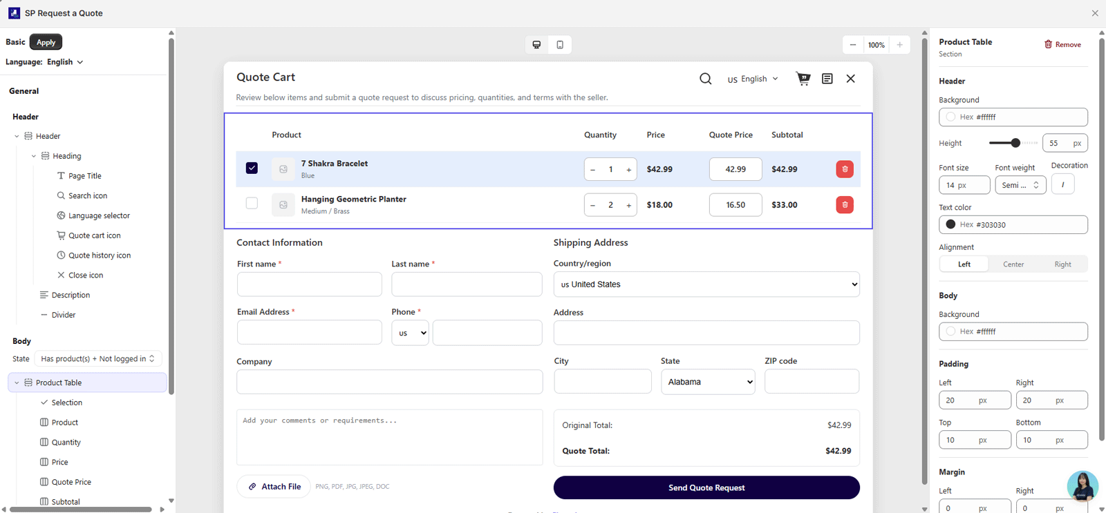 Three main areas of the template editor