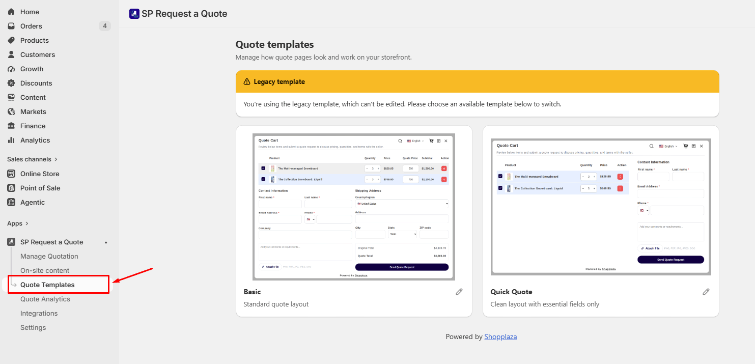 Navigate to Quote template