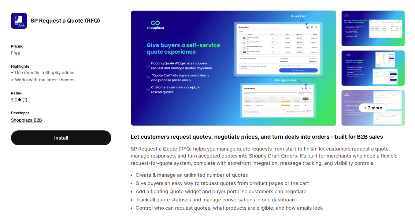 SP Request a Quote app page on Shopify App Store