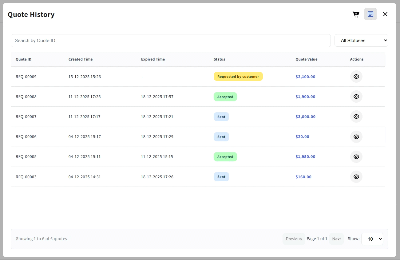 Buyer dashboard to manage quote requests in Shopify