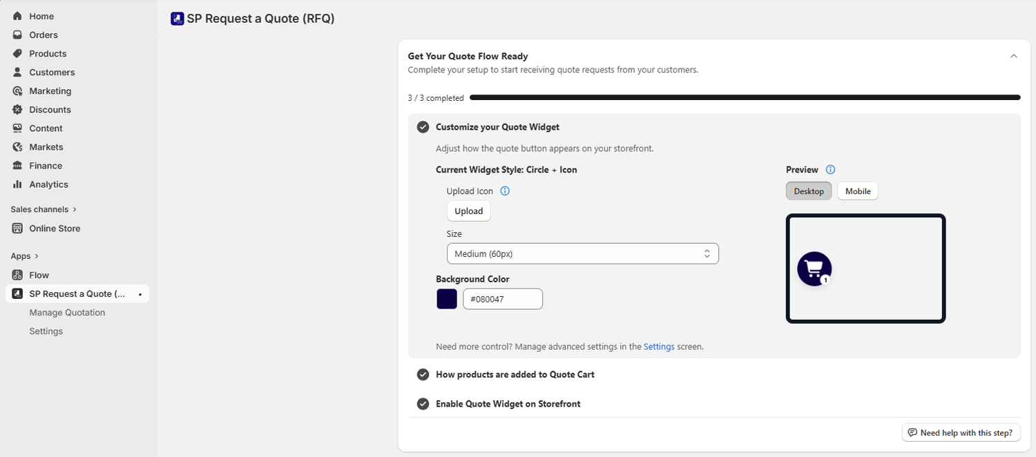 Onboarding card for Request a Quote