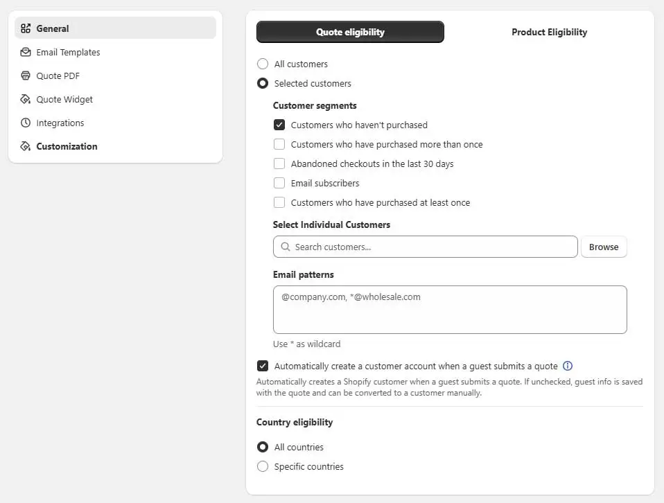 Settings to control who can request a quote in the Shopify RFQ app