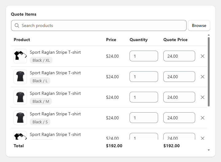 Selecting products and quantities in a quote request