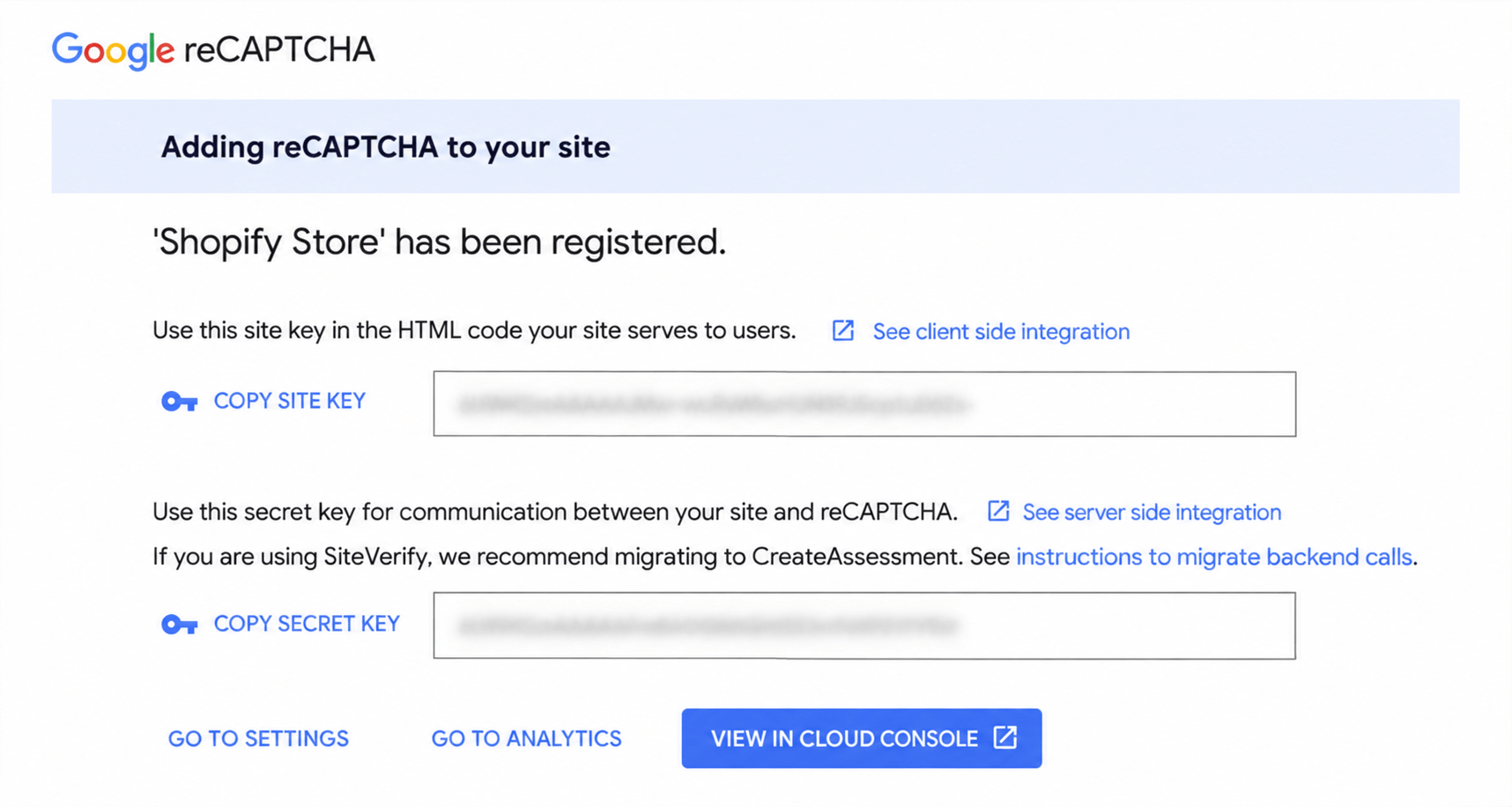 Google page showing Site key and Secret key