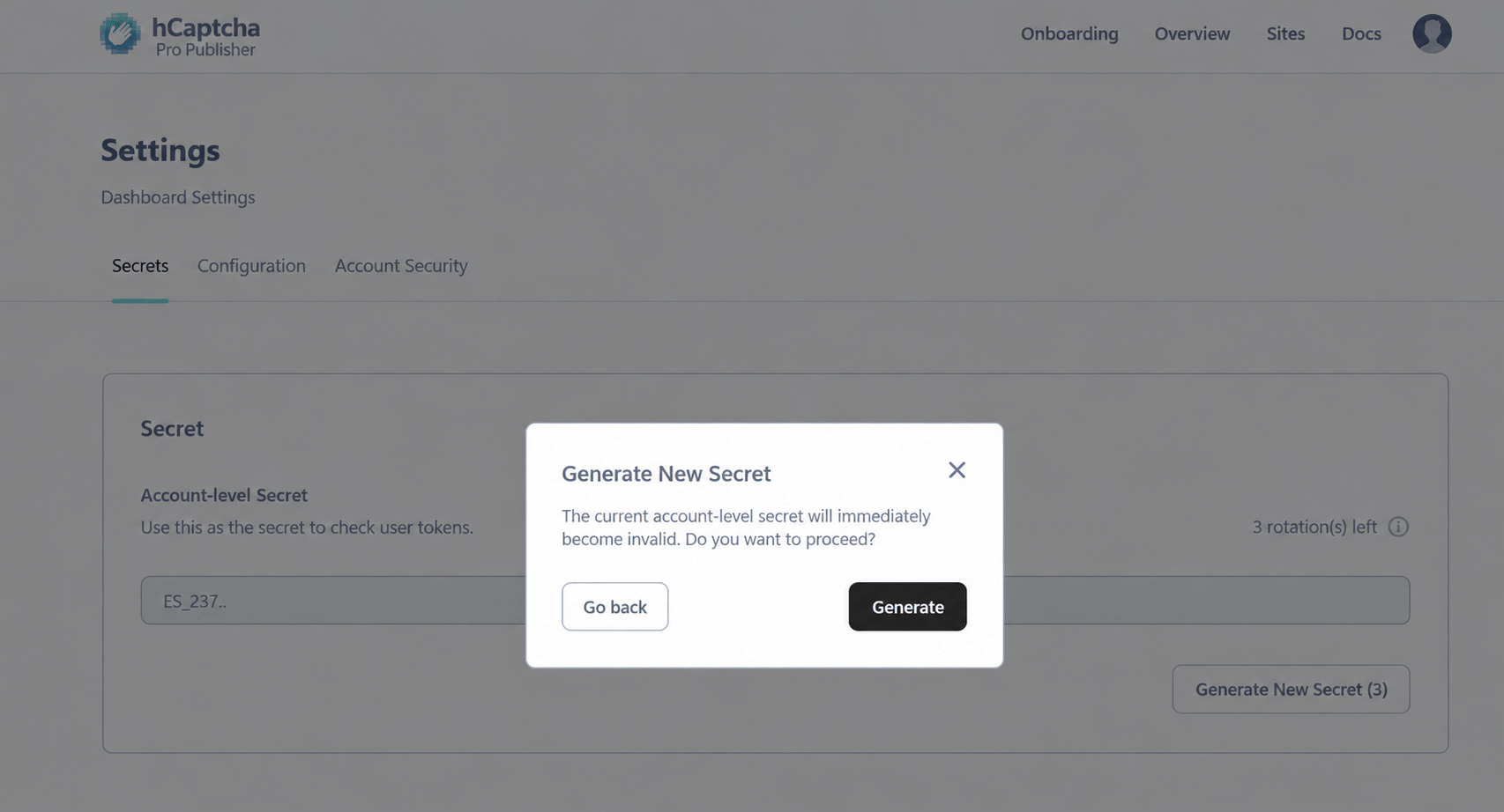 hCaptcha Secret tab with Generate New Secret