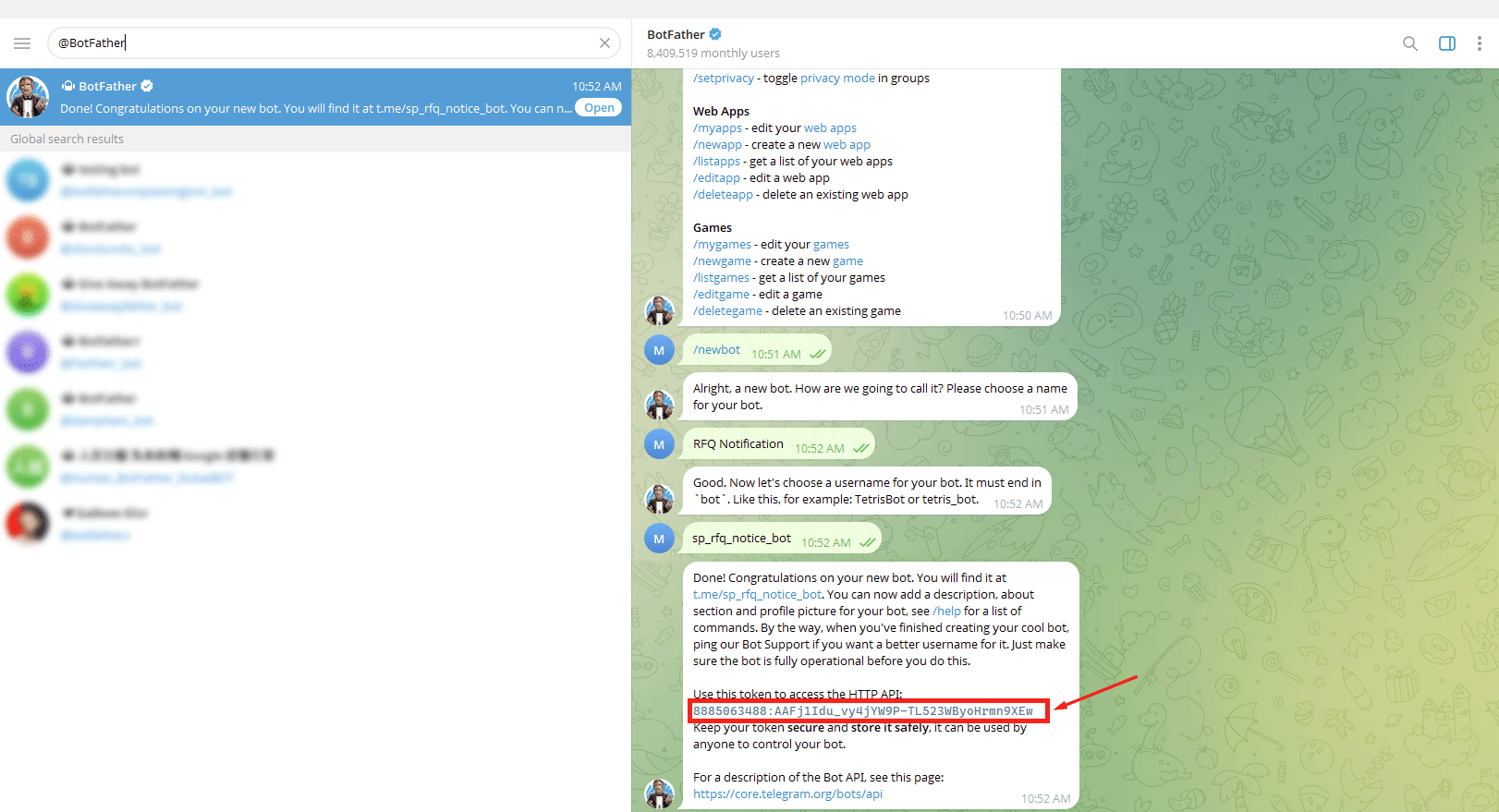 Follow the prompts to get Bot Token from Telegram