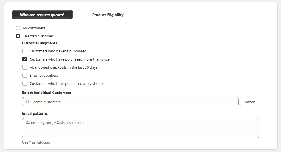 Settings to control who can request a quote in the Shopify RFQ app
