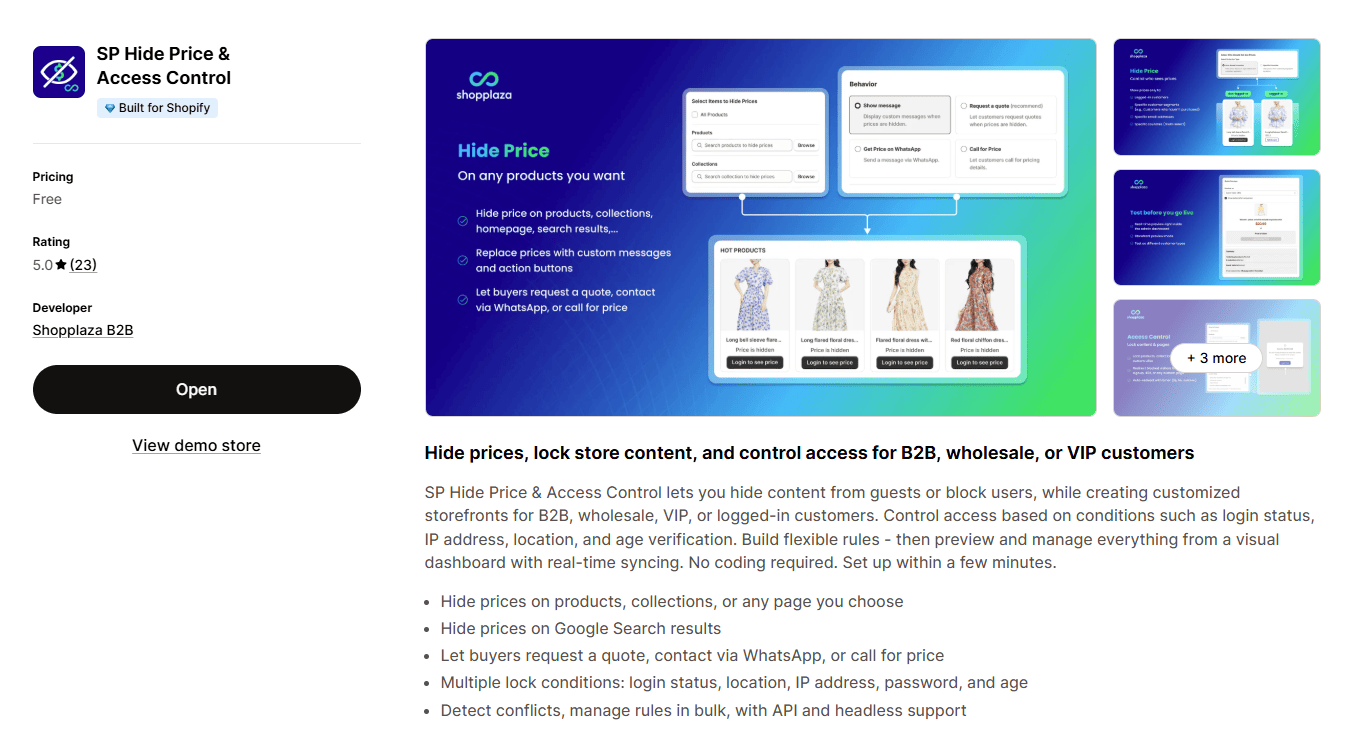 SP Hide Price & Access Control app page on Shopify App Store