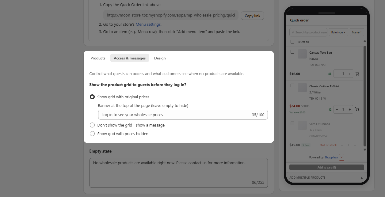 Setup access and messages