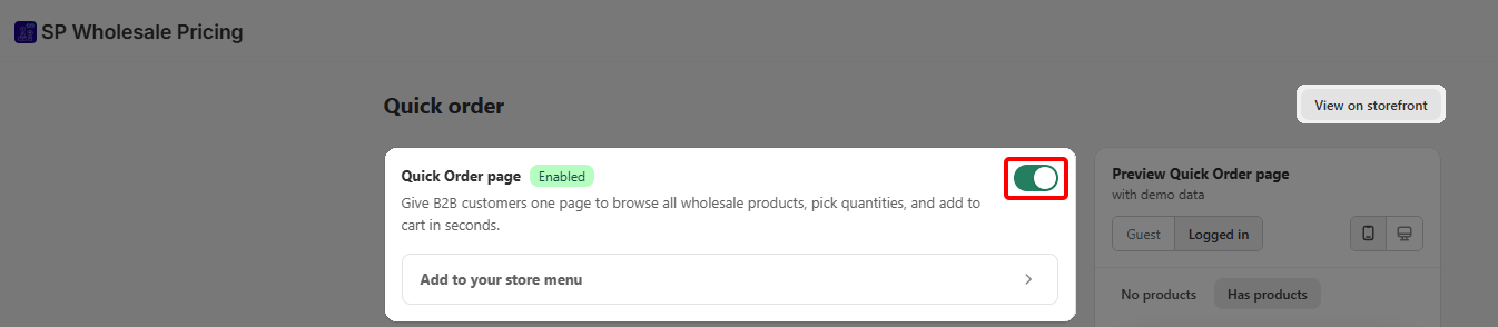 Turn on the quick order page