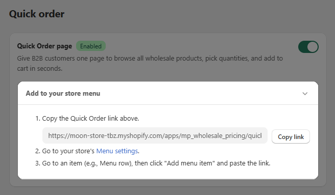 Add Quick order page to Shopify store menu