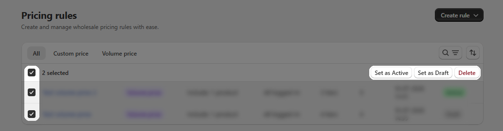 Bulk actions for pricing rules