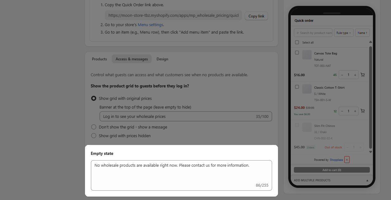 Write a message when there are no products to list