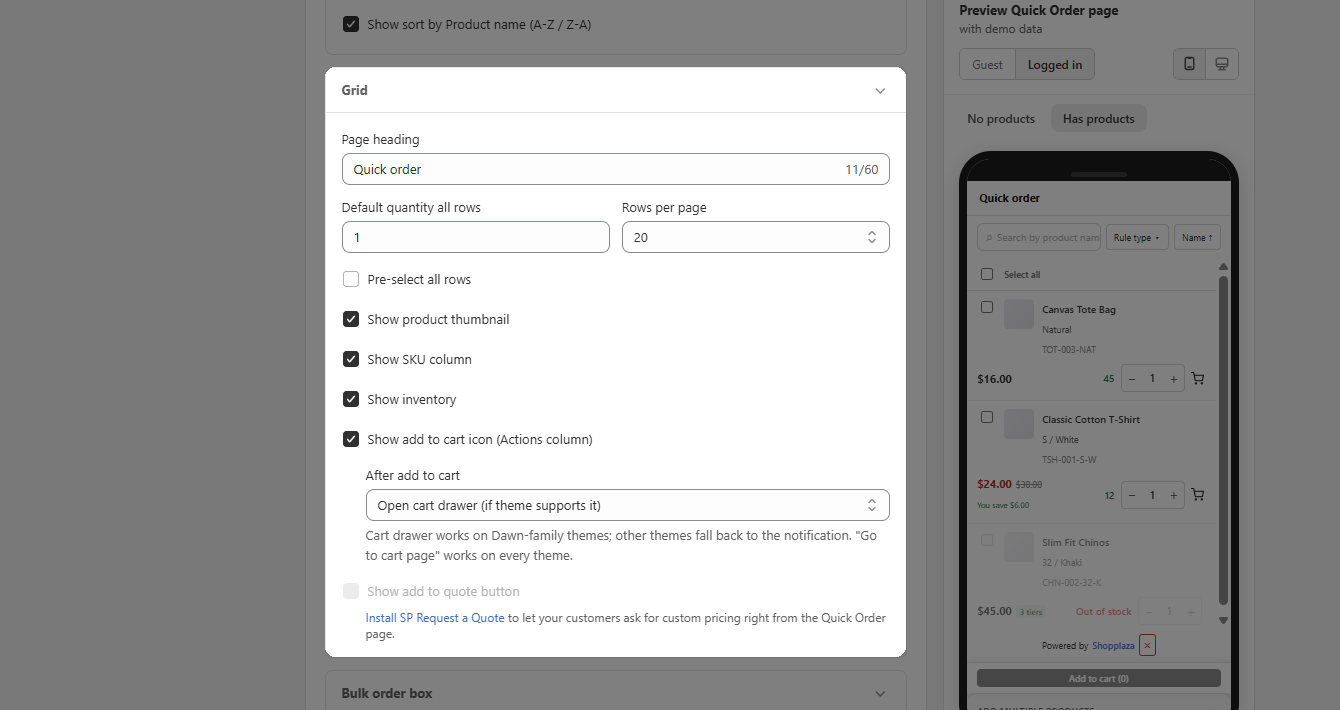 Customize the grid displayed to buyers