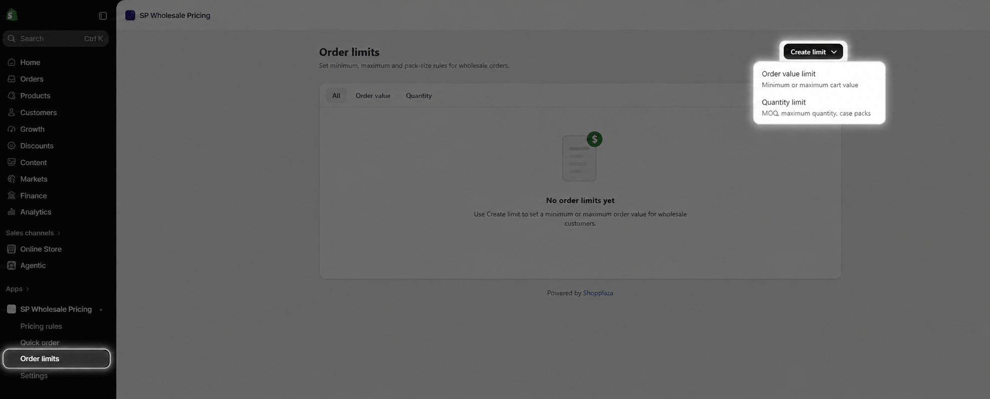 Order limits screen in the app