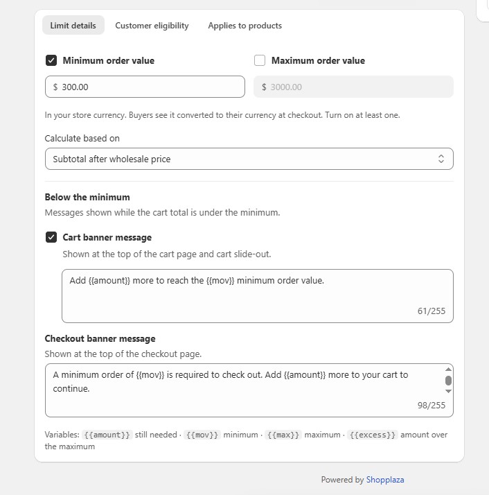 Order value limit