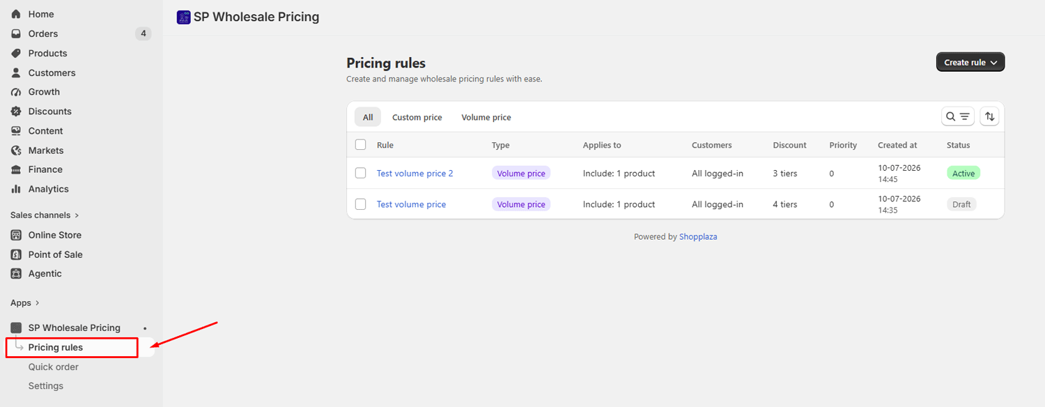 Go to Pricing rules in the app