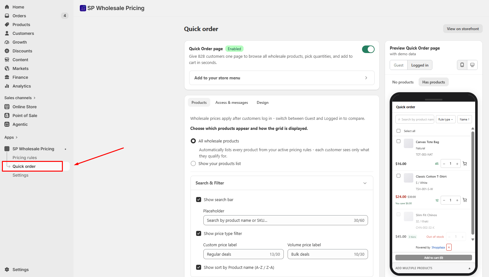 Quick Order screen in the app