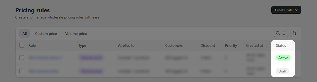 View rule statuses
