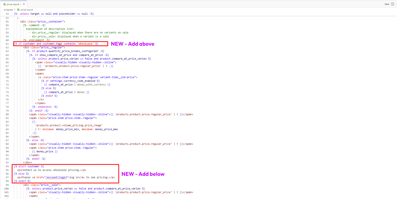 Edit code to hide prices by customer tag