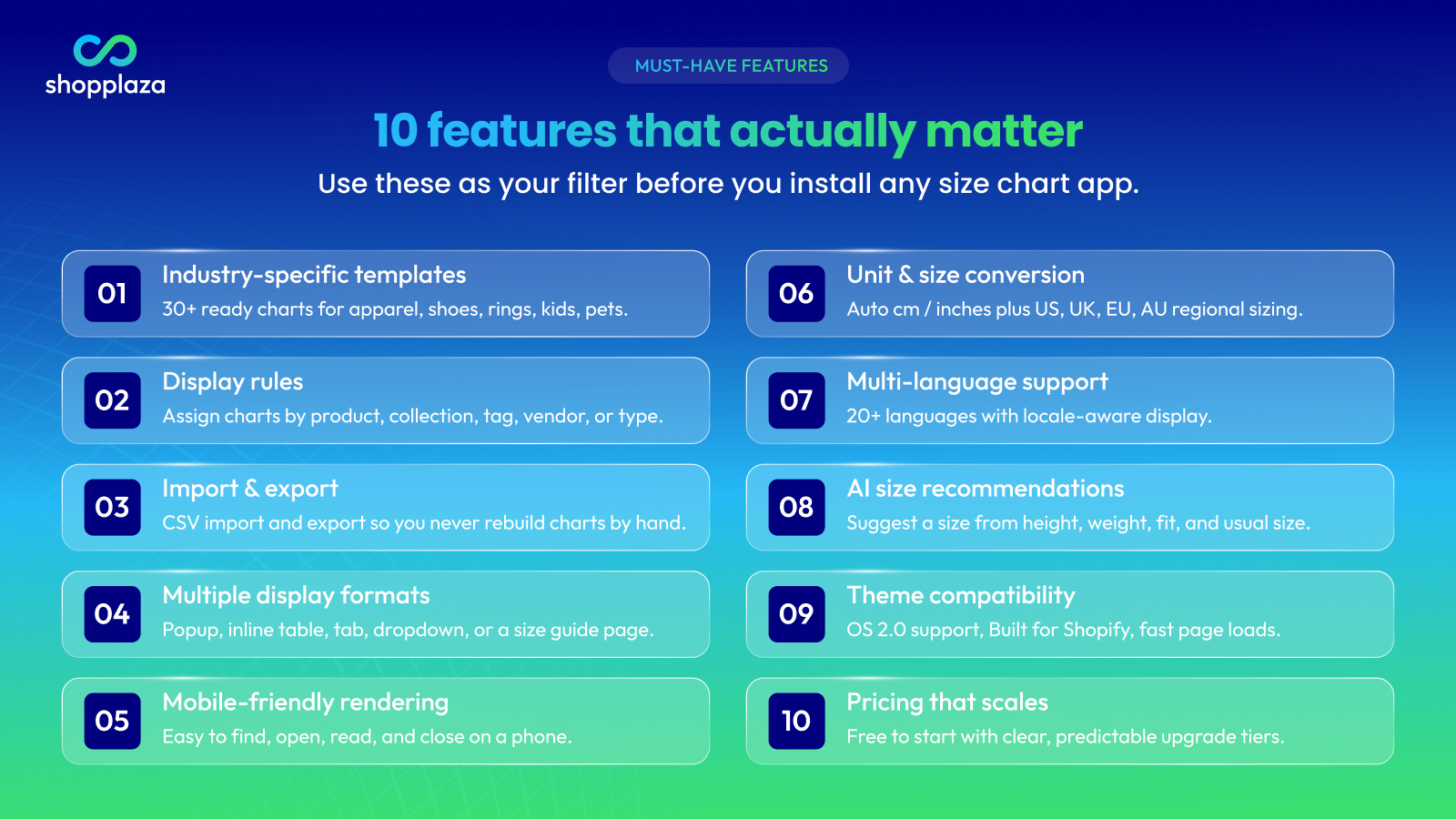 10 features to look for in a Shopify size chart app