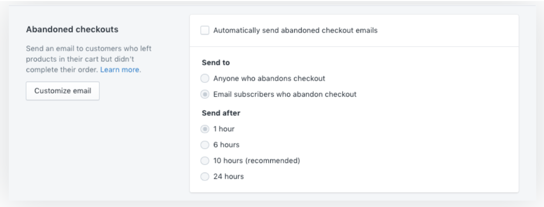 Set up to send abandoned checkout emails