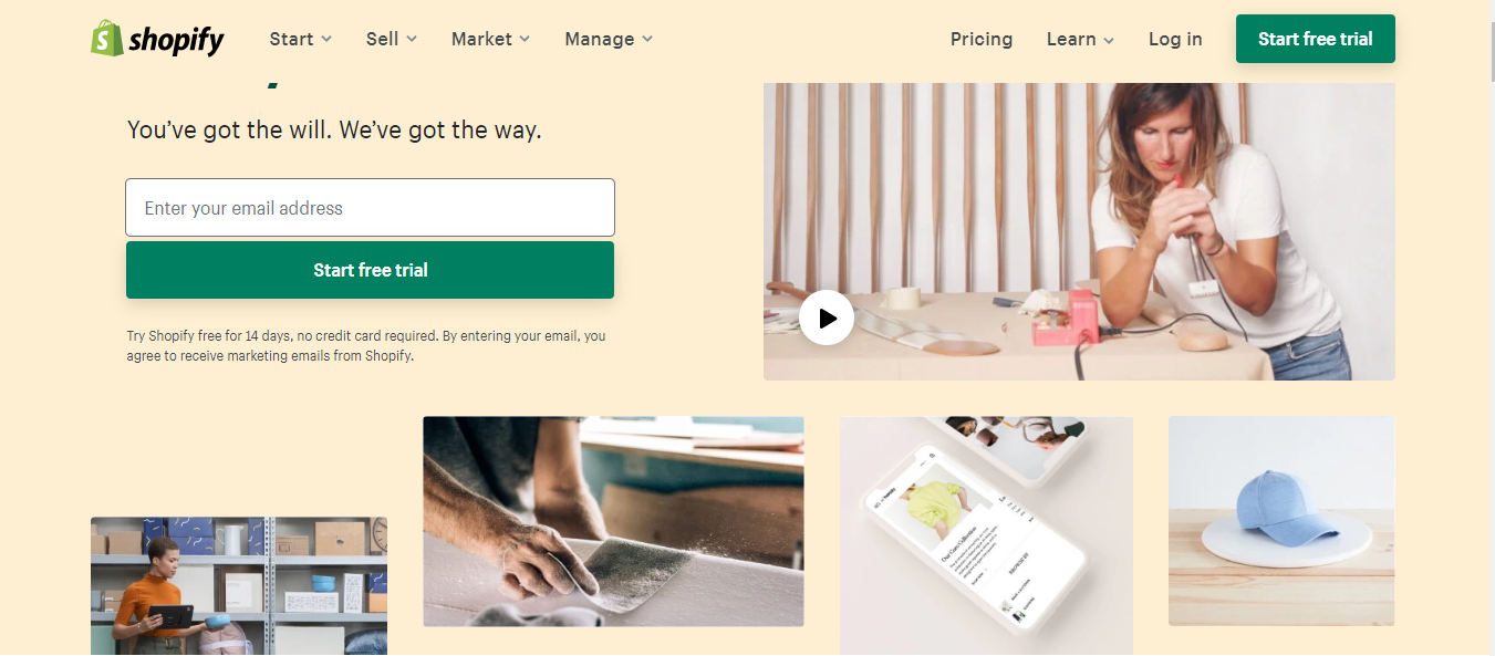 Shopify page to create an account