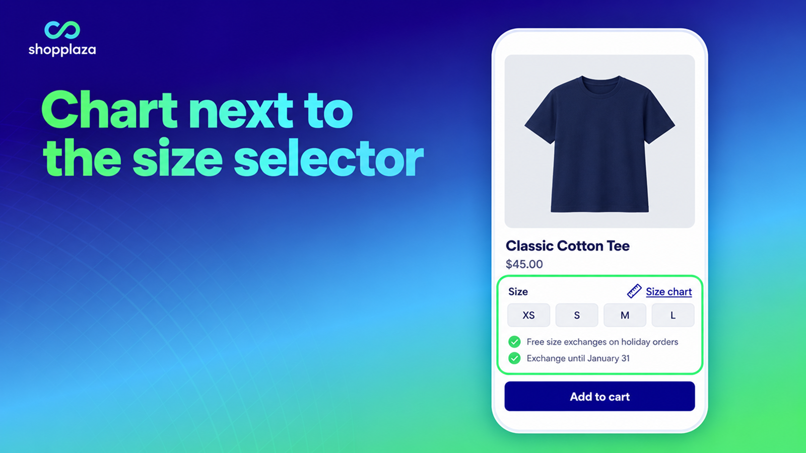 Mobile Shopify product page with the size chart link next to the size selector and a holiday exchange note
