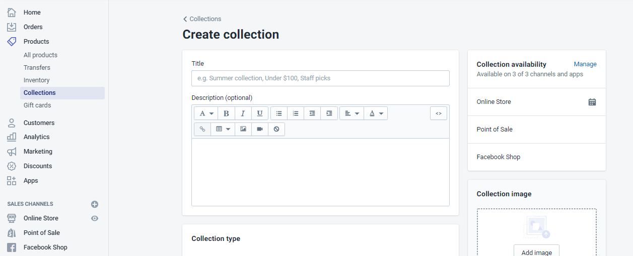 Create collection in Shopify store